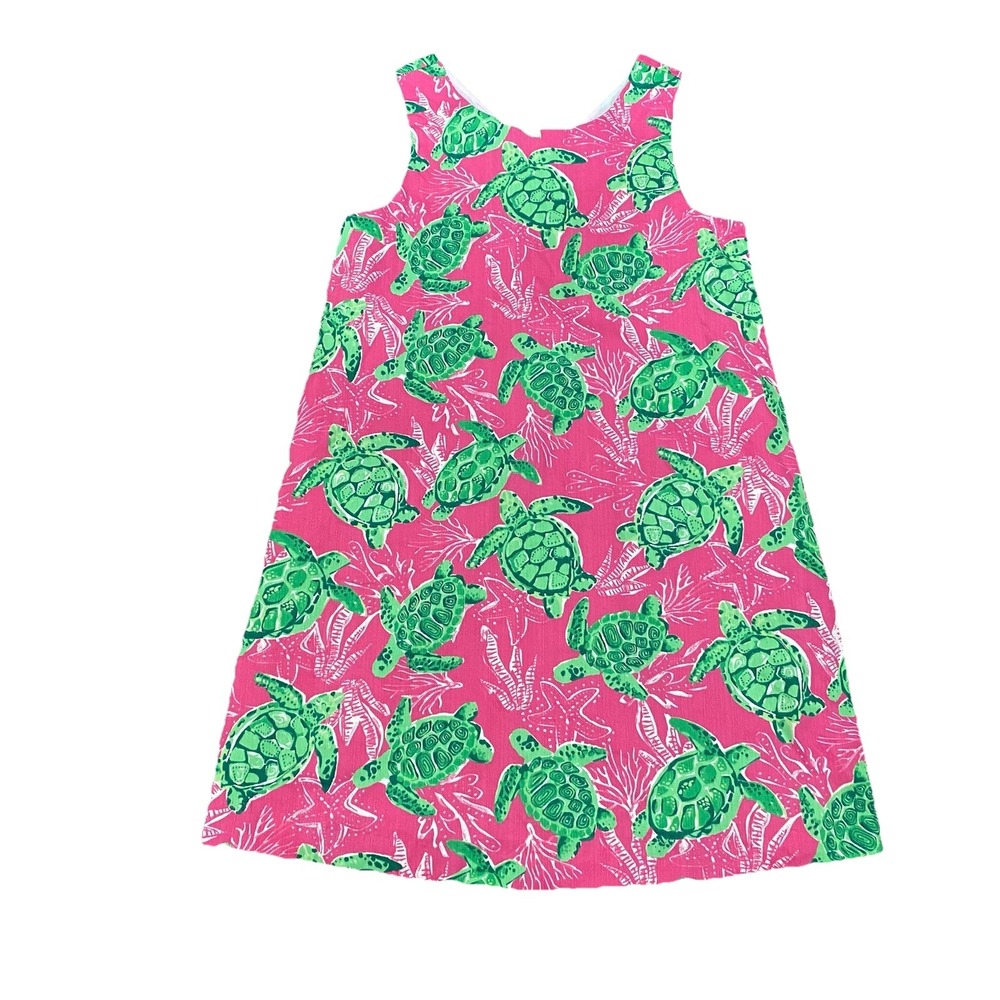 Tommy Bahama Dress Girls Size 7 Pink Sea Turtle Print Shift Preppy Beach POCKETS